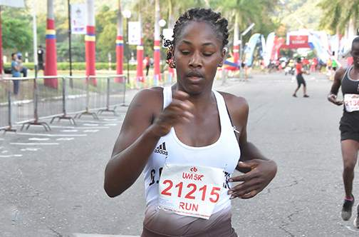Shanise Gordon of GC Foster College on her way to victory in the women’s categoty of the CB Group UWI 5K run.